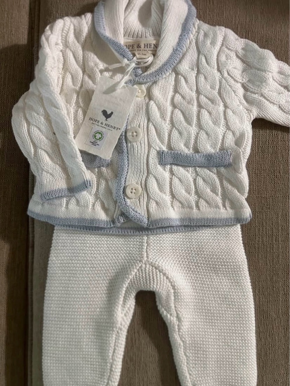 Hope & Henry White and Light Blue Cable Knit Baby Matching Set